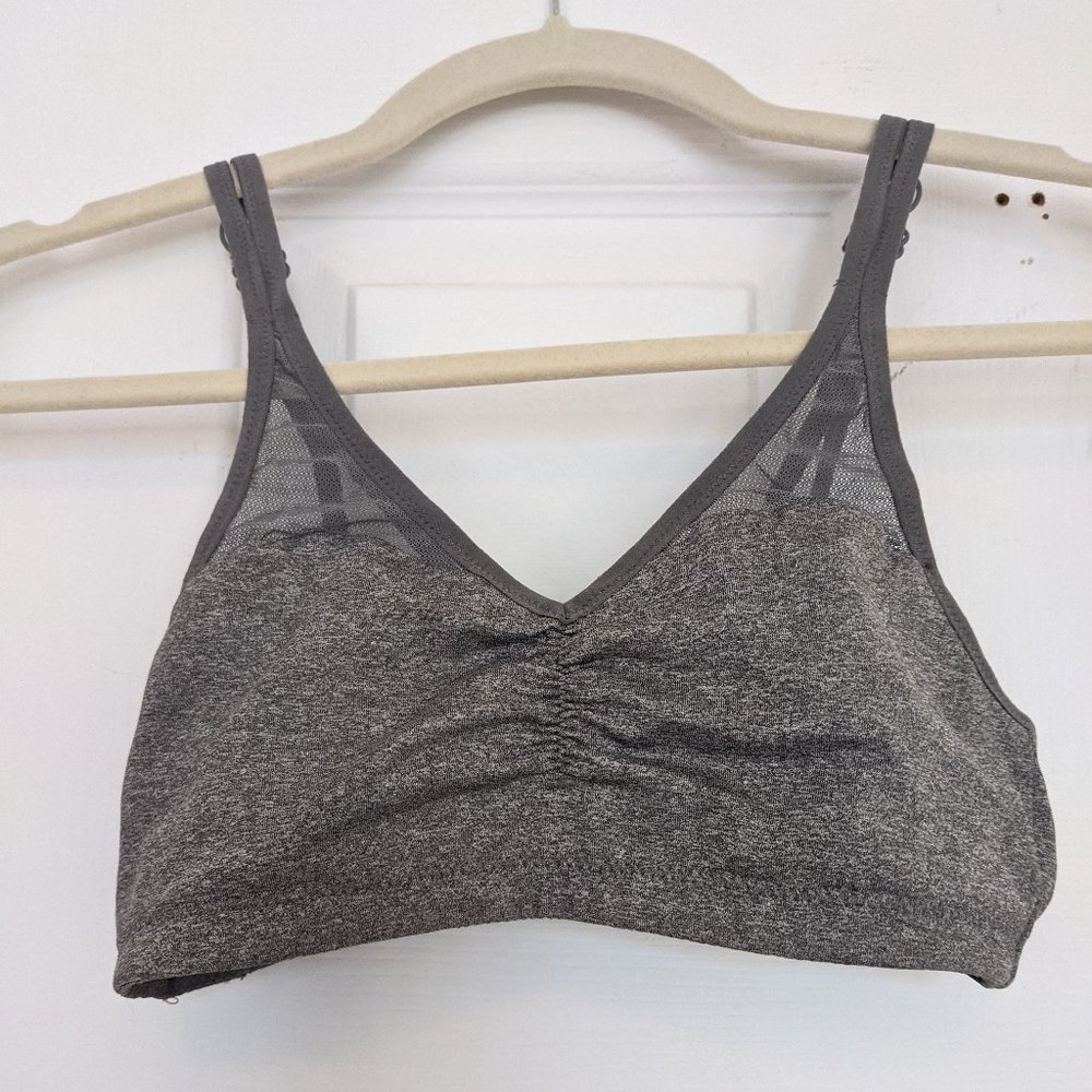 Nice Heather Grey Sports Bra, Cotton and Mesh with Rushing at the front
